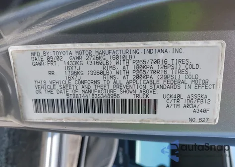 2003 Toyota Tundra Sr5 V8 z USA, uszkodzony, nr VIN 5TBBT44183S348956